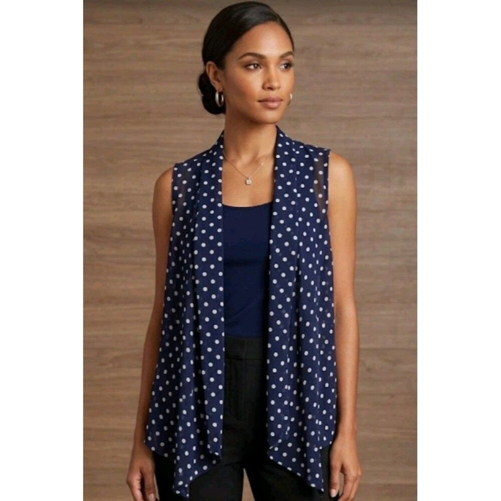 Susan Graver Sheer Sleeveless Open Blue Polka Dot Top Size XS
